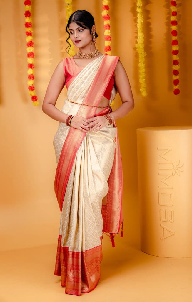 Mimosa Women's Woven Design Kanjivaram Style Art Silk Saree With Blouse Piece : SA00001609HWFREE — Halfwhite