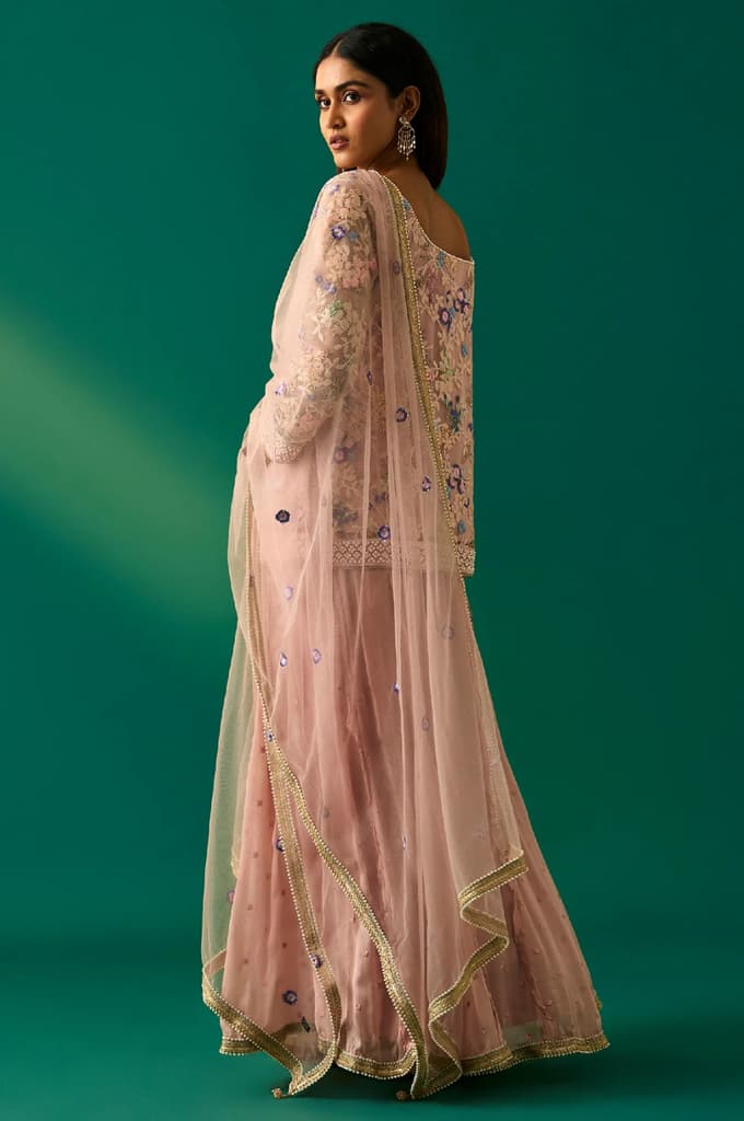 Pink Floral Embroidered Straight Kurta with Culotte and Dupatta Set — photo 4