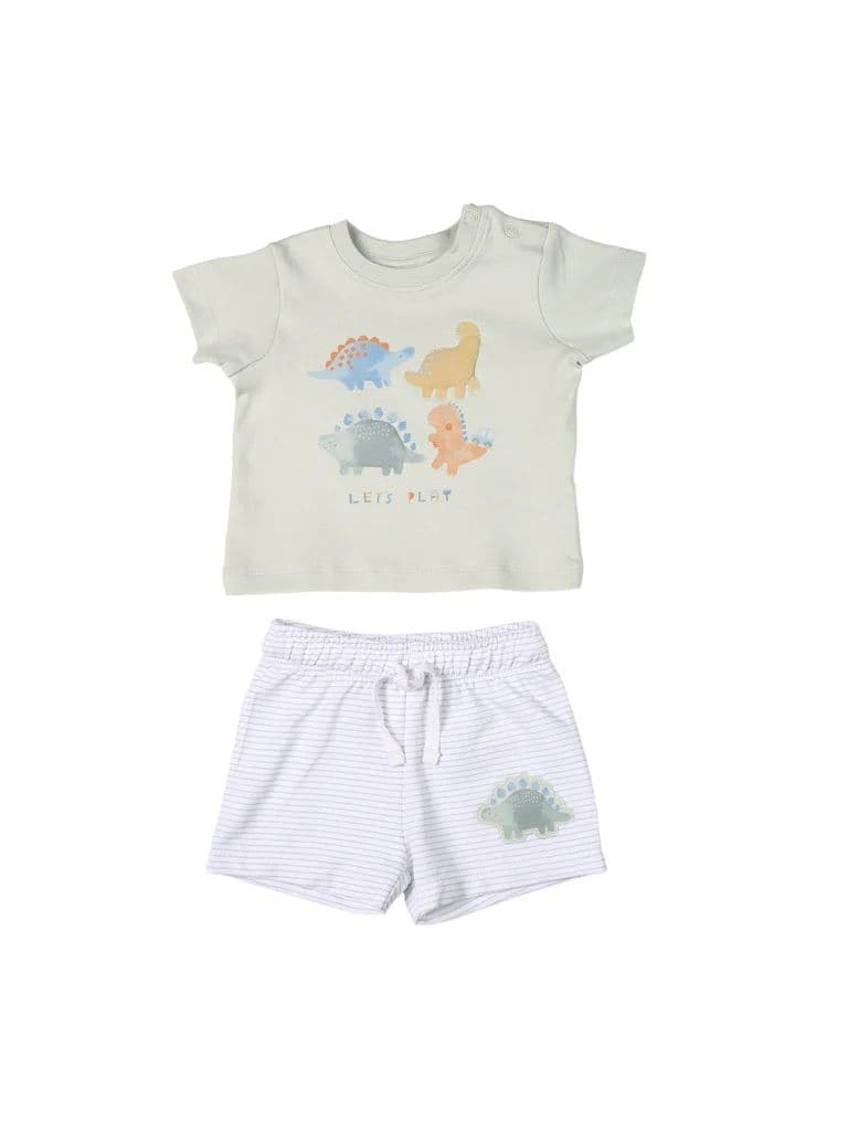 HOP Baby Boys Sage Dinosaur Printed Cotton T-Shirt and Shorts Set — photo 2
