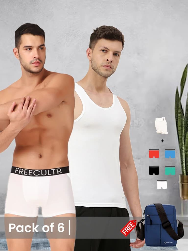 Men's Innerwear set (Pack of 6) with Free Sling Bag — White; Black; Brilliant Blue; Coral; Holly Green; White / S / S