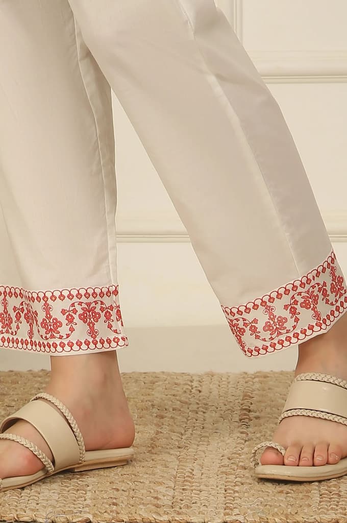 White and Orange Floral Printed Pure Cotton Flared Kurta, Pants and Dupatta Set — photo 6