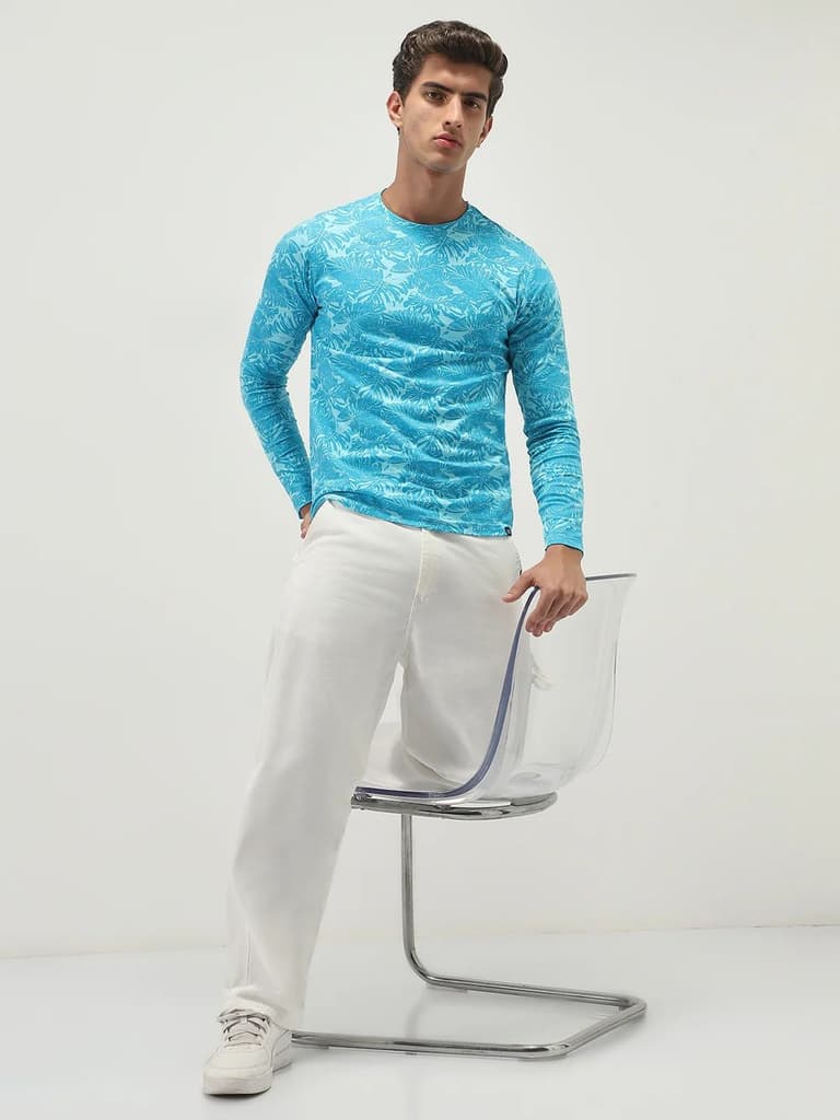 Men's Aqua Blue Printed Full Sleeve Slim Fit Cotton T-Shirt — photo 5
