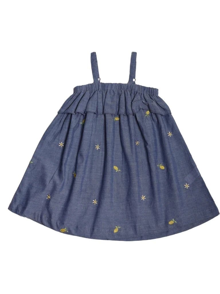 Utsa Kids Girls Blue Embroidered Cotton Dress - (2-8 yrs) — photo 3