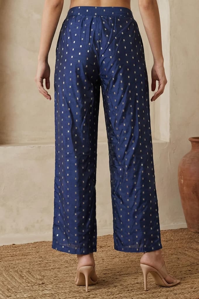 Navy Blue Chanderi Wide Leg Ankle Length Palazzo Pants — photo 4