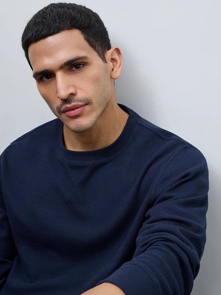 WES Lounge Navy Waffle-Textured Regular-Fit Cotton T-Shirt — photo 4
