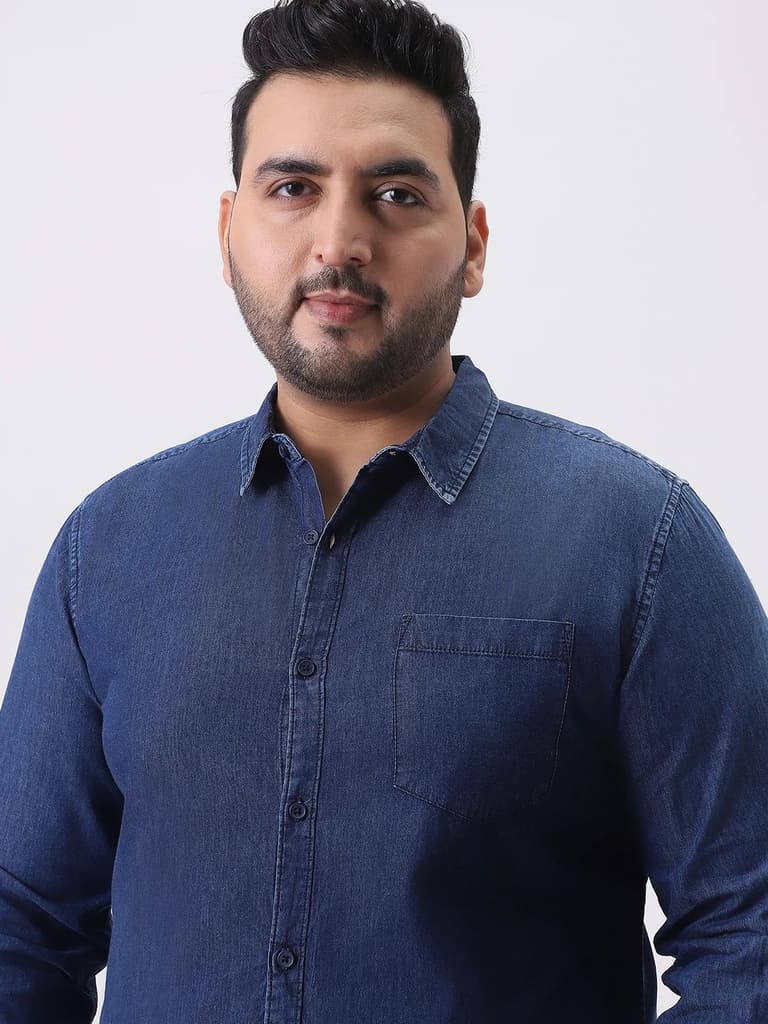 Plus Men's Dark Blue Regular Fit Full Sleeve Washed Denim Shirt — photo 6