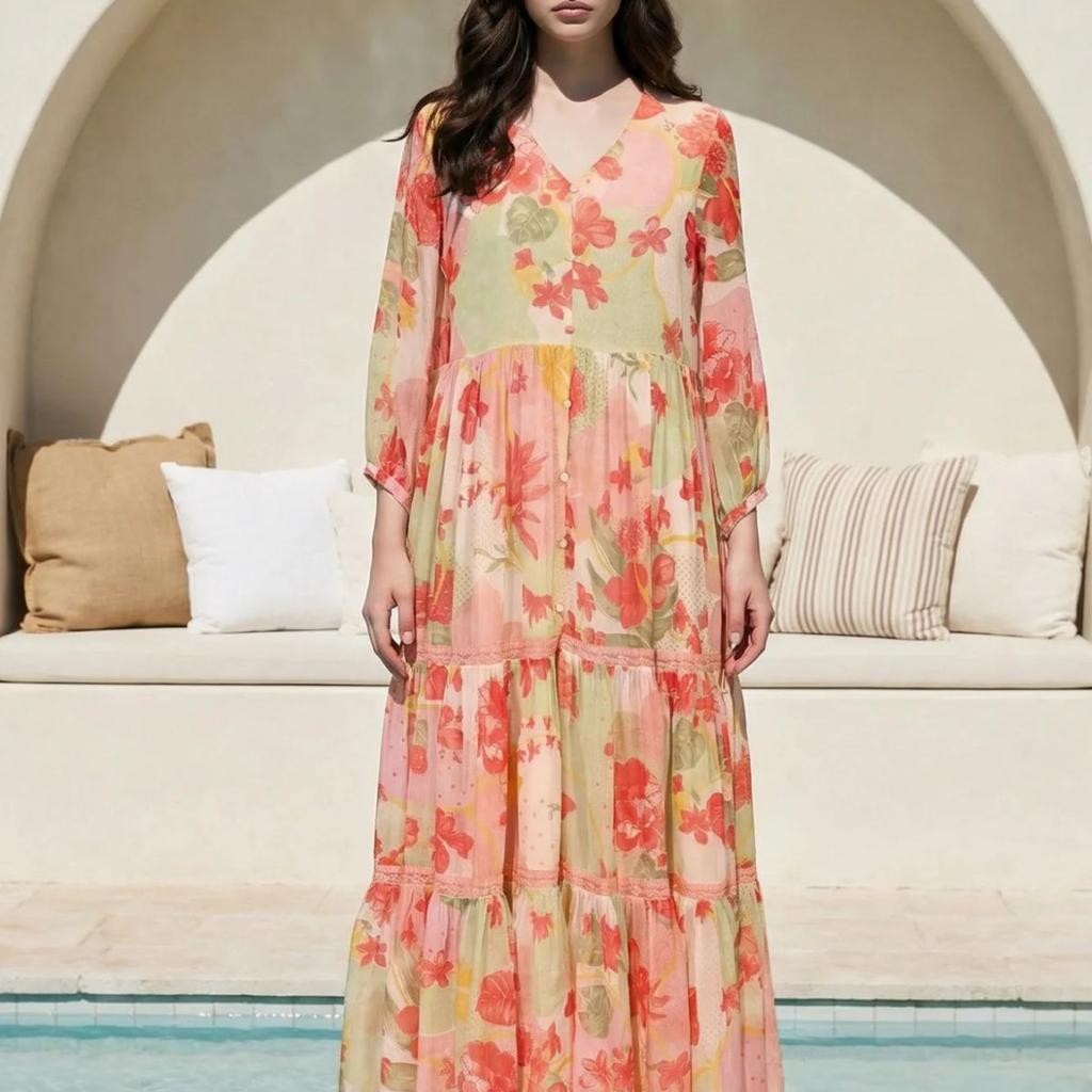Pink Floral Printed Tiered Dress