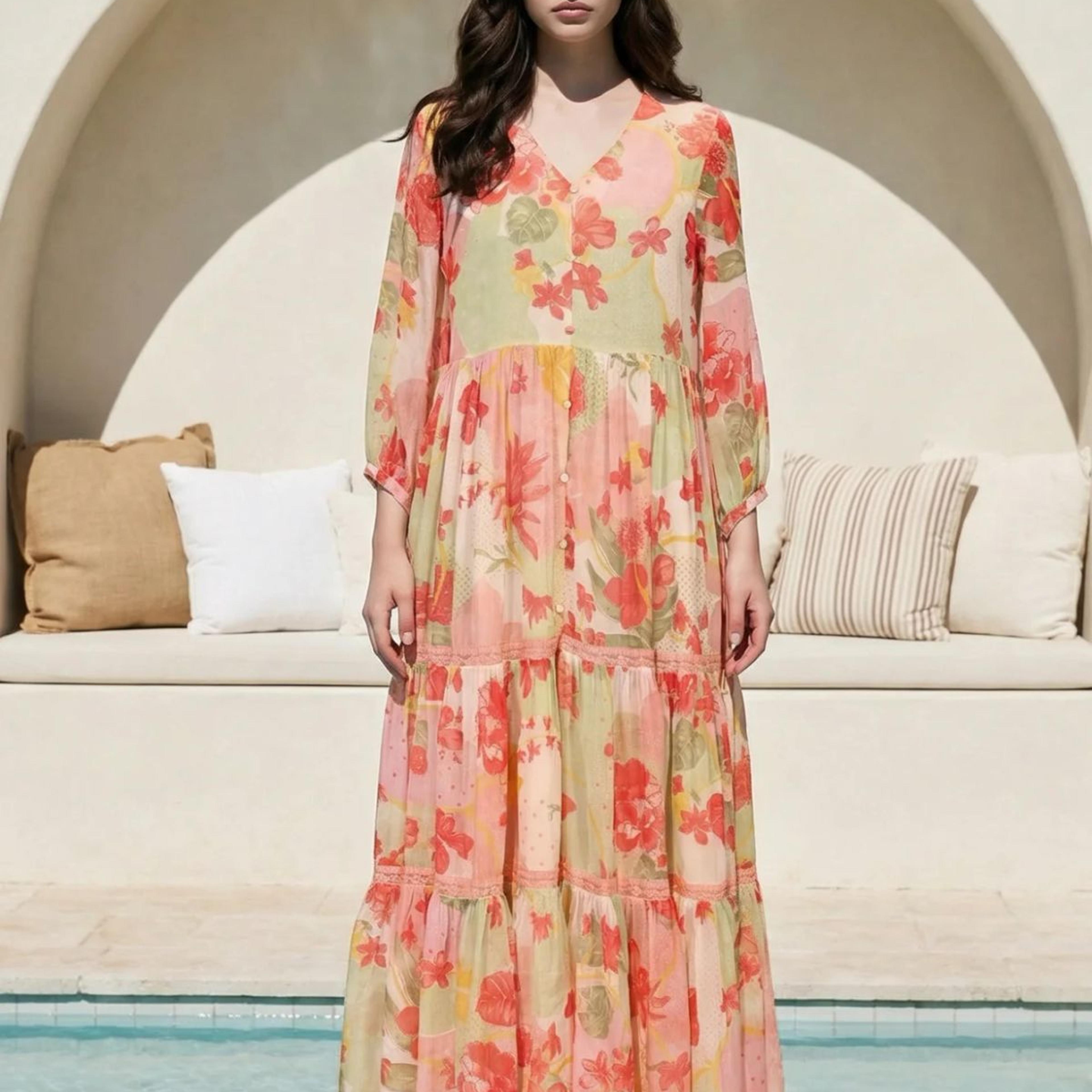 Pink Floral Printed Tiered Dress