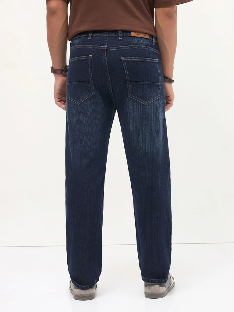 Men's Dark Blue Straight Fit Washed Denim Jeans Stretchable — photo 4