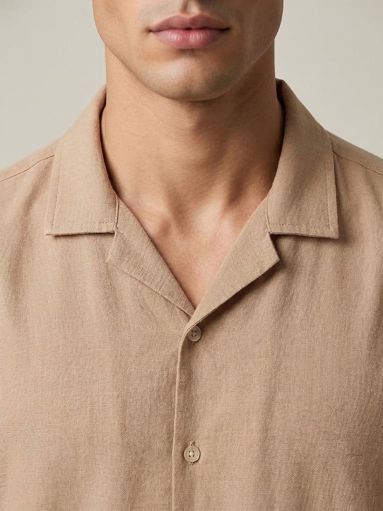 Men's Beige Cotton Half Sleeve Relaxed Fit Textured Shirt with Cuban Collar — photo 5