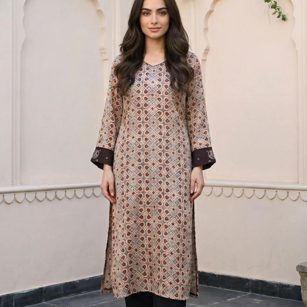 Beige Geometric Printed Sequins Satin Straight Kurta