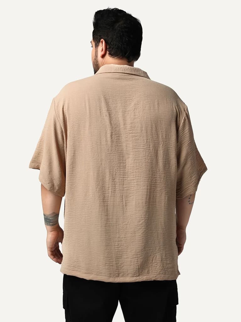 Plus Men's Beige Cotton Half Sleeve Relaxed Fit Textured Shirt with Cuban Collar — photo 3