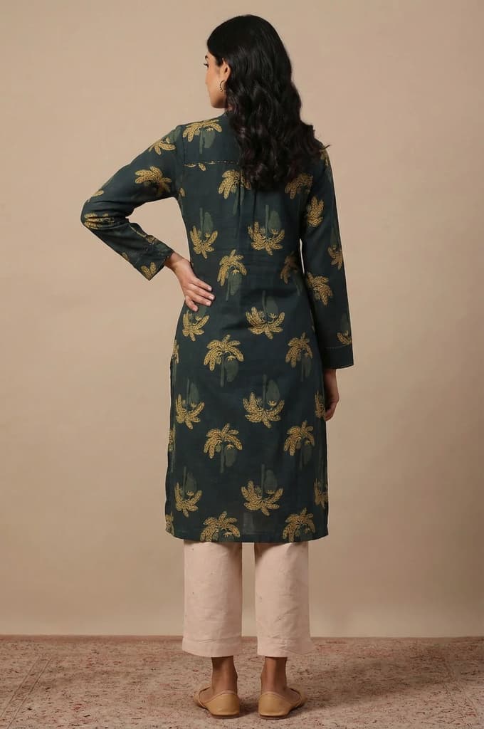 Green Botanical Printed Beadwork Pure Cotton Straight Kurta — photo 5