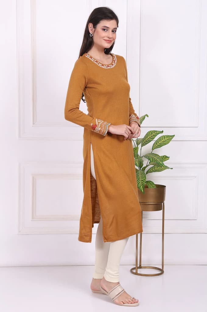 Mustard Solid Embroidered Acrylic Straight Kurta — photo 6