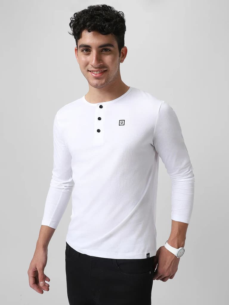 Men's White Solid Henley Neck Slim Fit Cotton T-Shirt — S / White