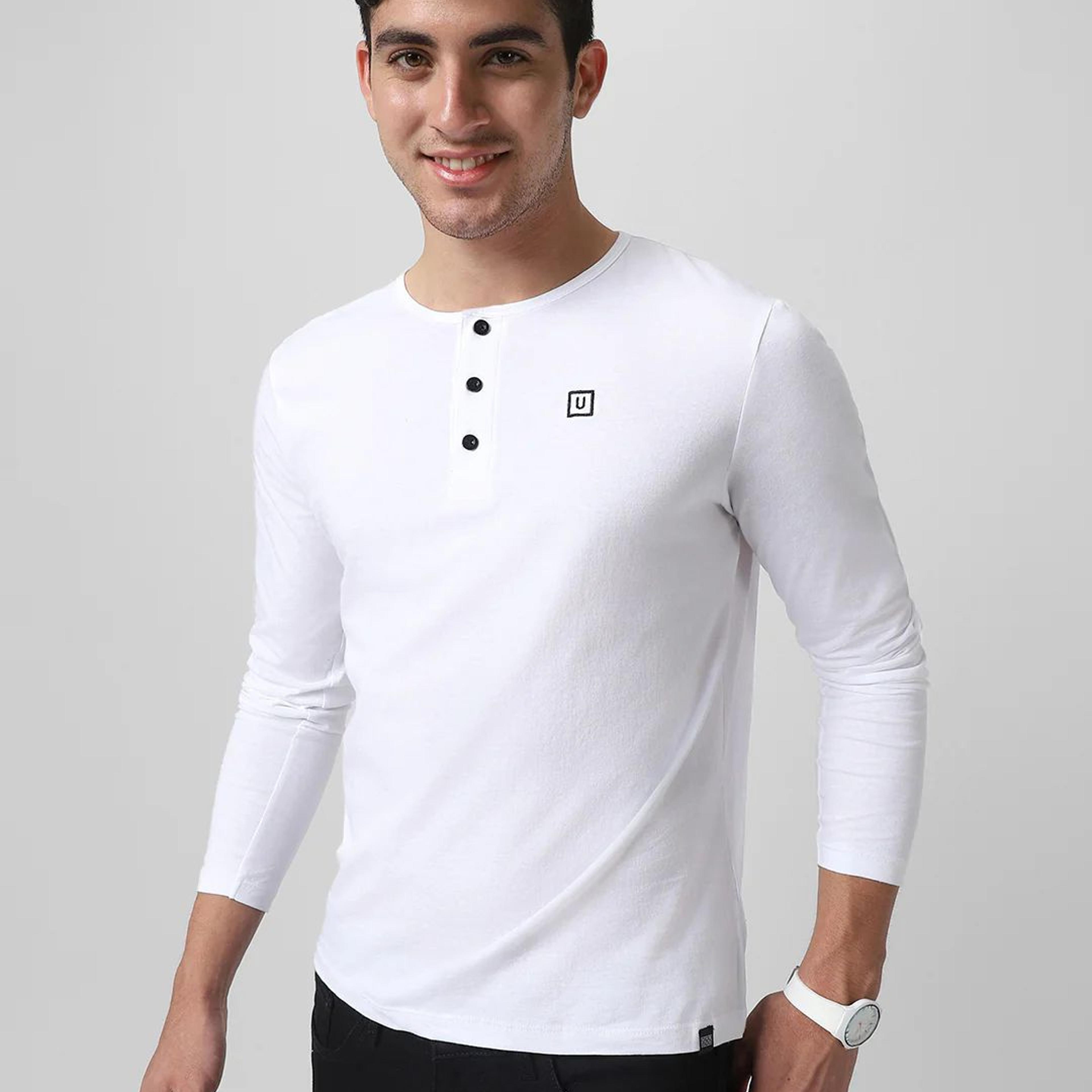 Men's White Solid Henley Neck Slim Fit Cotton T-Shirt