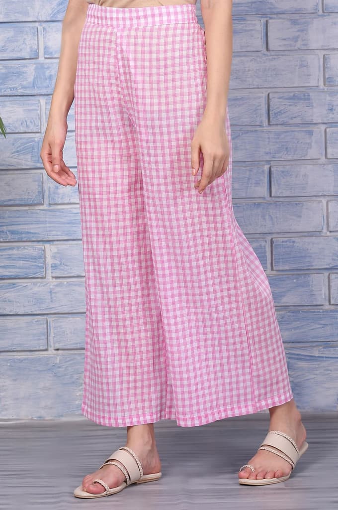 Pink Checkered Ankle Length Pure Cotton Pants — photo 2