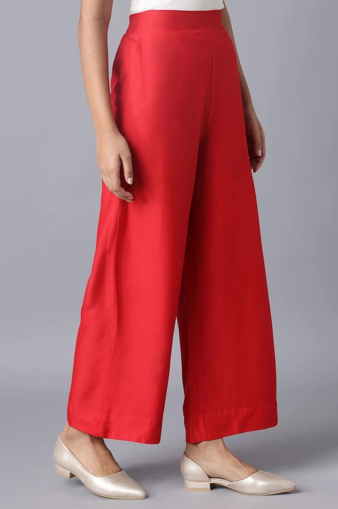 Red Solid Straight Fit Tencel Pants With Elasticated Waist — photo 4