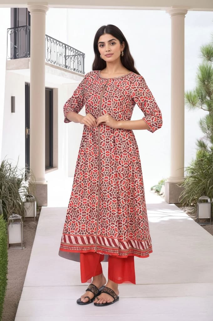 Red Geometric Printed Anarkali Cotton Kurta with Parallel Pant Set — photo 5