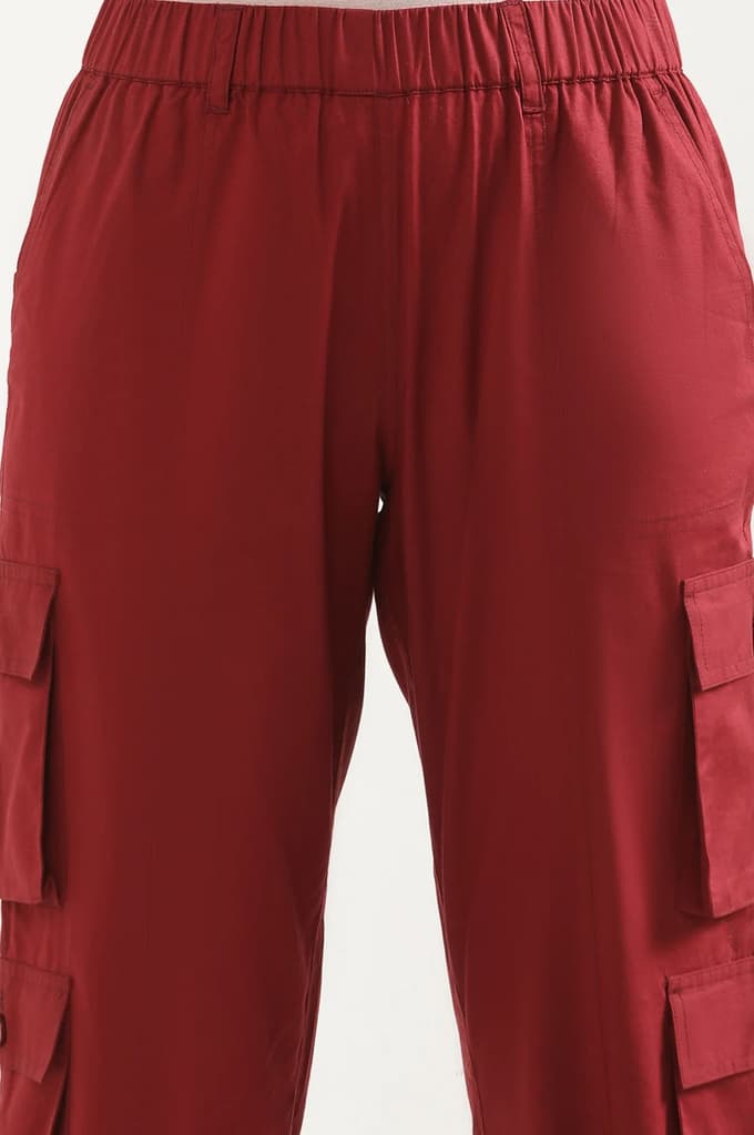 Red Solid Straight Fit Cotton Pants With Drawstring — photo 6