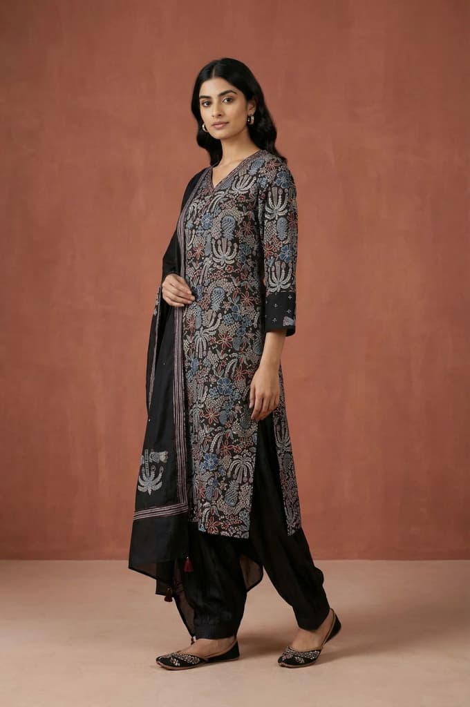 Black Block Printed Floral Satin Straight Kurta with Salwar and Dupatta Set — photo 4
