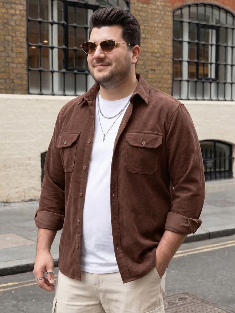 Plus Men's Brown Corduroy Full Sleeve Regular Fit Solid Overshirt with Utility Pockets — XXL / Brown