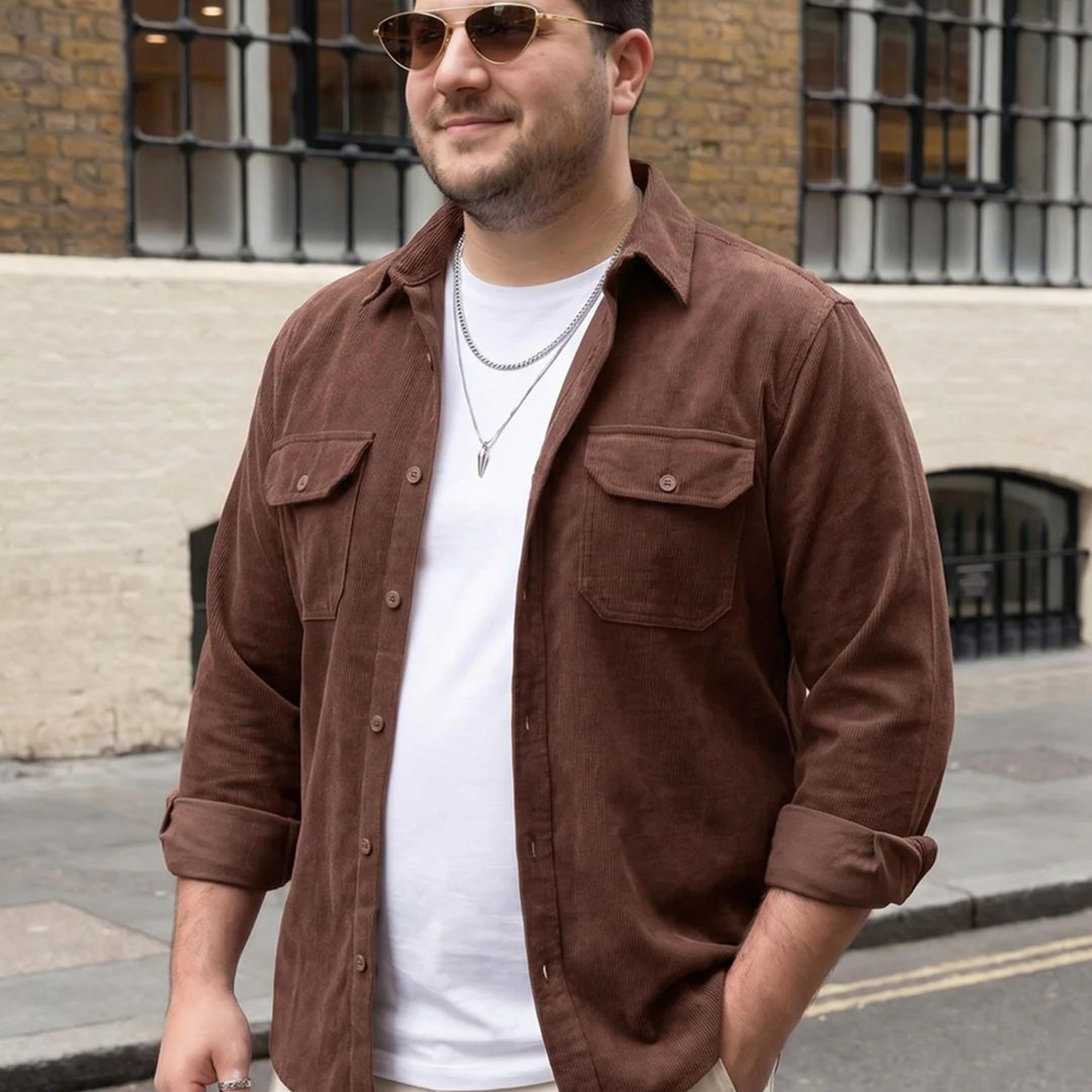 Plus Men's Brown Corduroy Full Sleeve Regular Fit Solid Overshirt with Utility Pockets