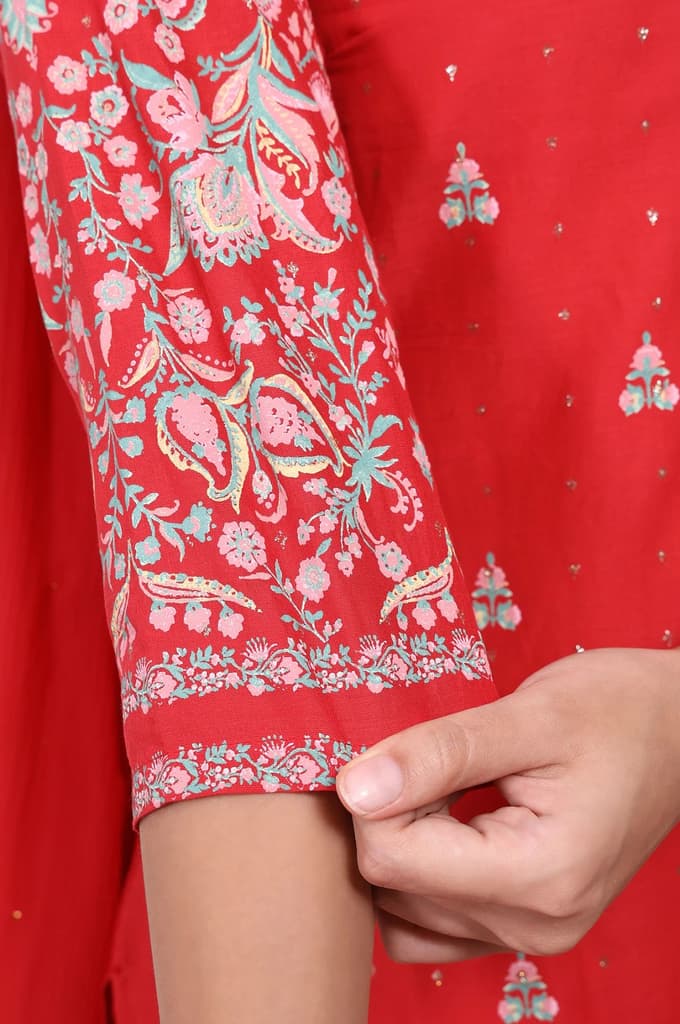Red Floral Printed Embroidered Straight Cotton Kurta with Sharara and Dupatta Set — photo 7