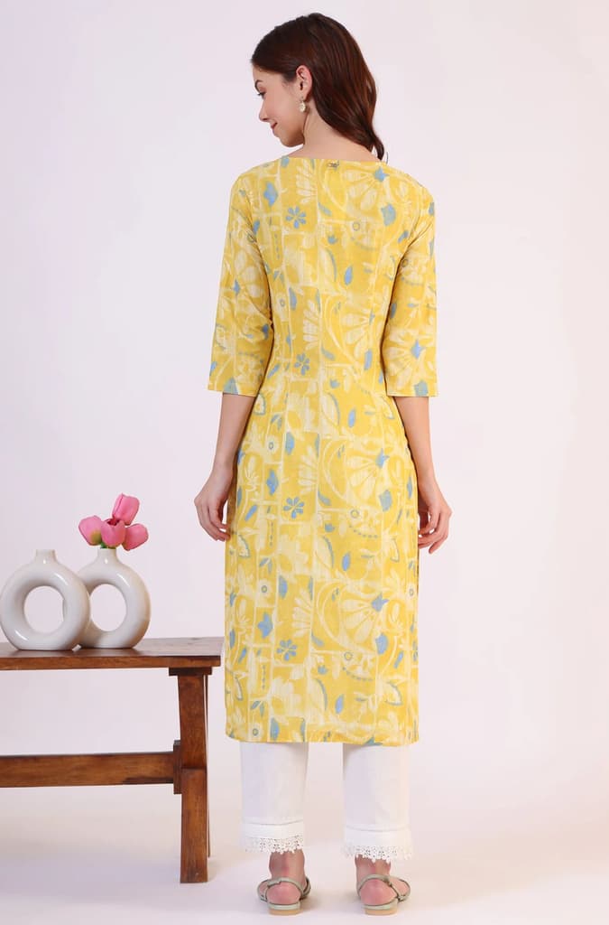 Yellow Floral Printed Straight Pure Cotton Kurta — photo 6