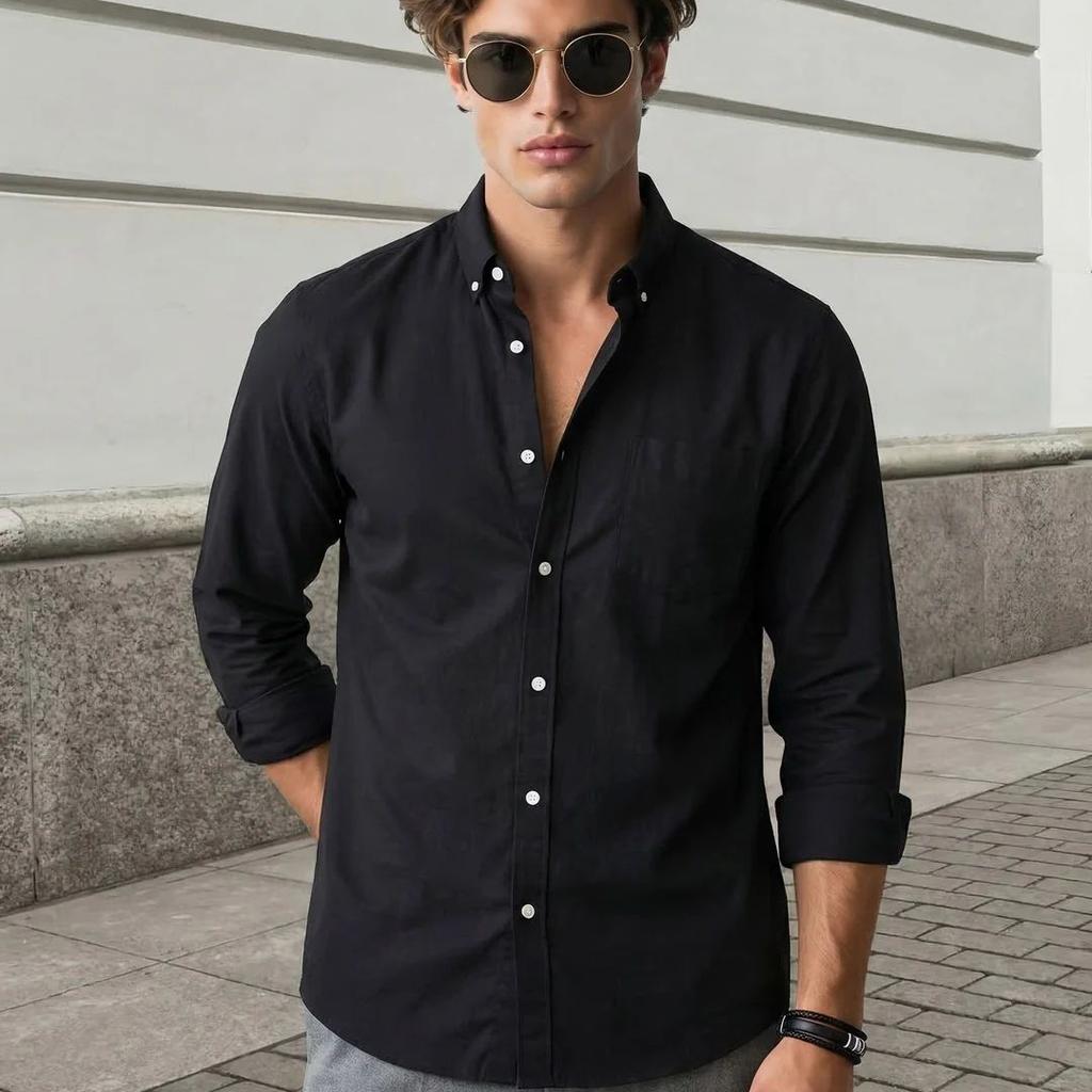 Men's Black Cotton Full Sleeve Regular Fit Solid Oxford Shirt With Button-Down Collar