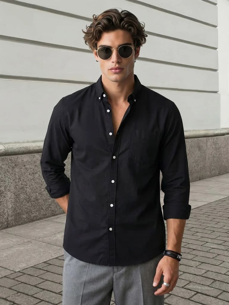 Men's Black Cotton Full Sleeve Regular Fit Solid Oxford Shirt With Button-Down Collar — S / Black
