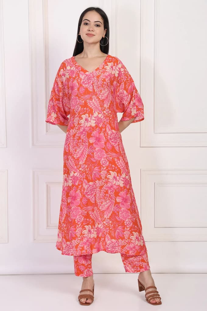 Orange Floral Printed Kaftan Modal Kurta with Pant — photo 2