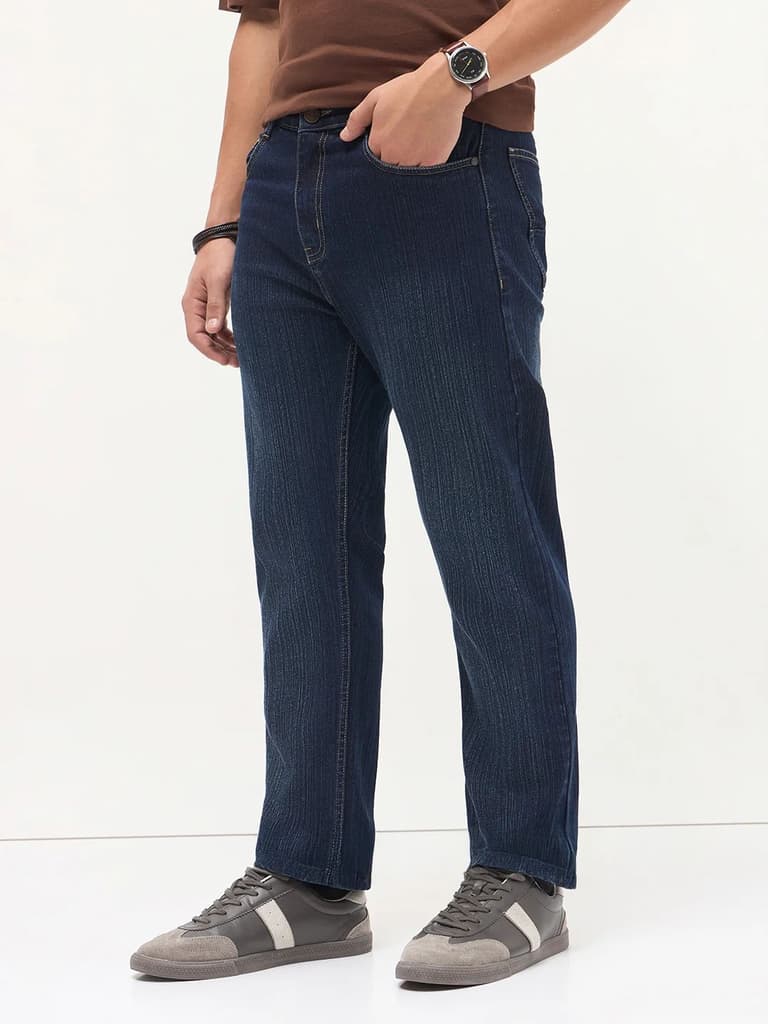Men's Dark Blue Straight Fit Washed Denim Jeans Stretchable — photo 3