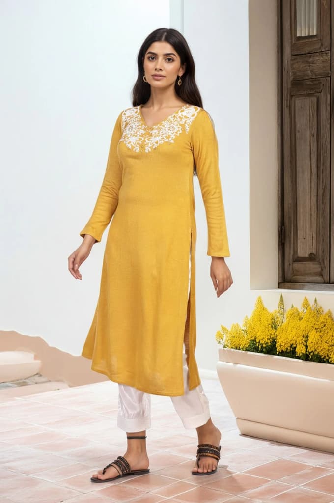 Mustard Embroidered A-Line Acrylic Winter Kurta — photo 6