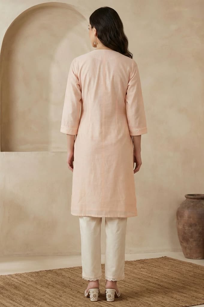 Peach Yarn Dyed Chikankari Embroidered Straight Kurta — photo 5