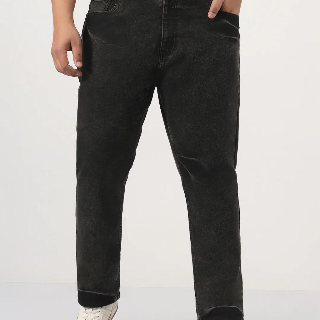 Plus Men's Black Straight Fit Heavy Washed Jeans Stretchable