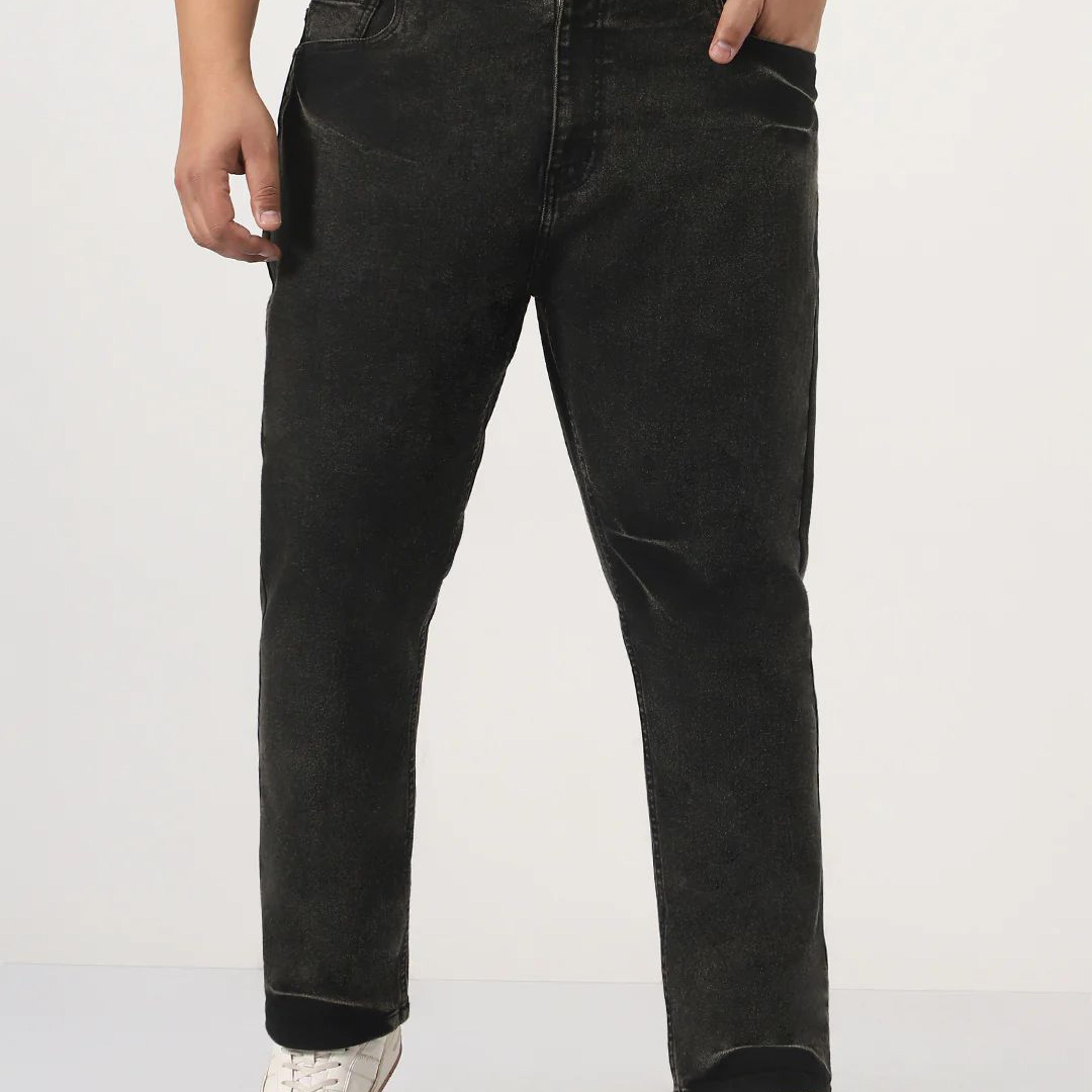Plus Men's Black Straight Fit Heavy Washed Jeans Stretchable