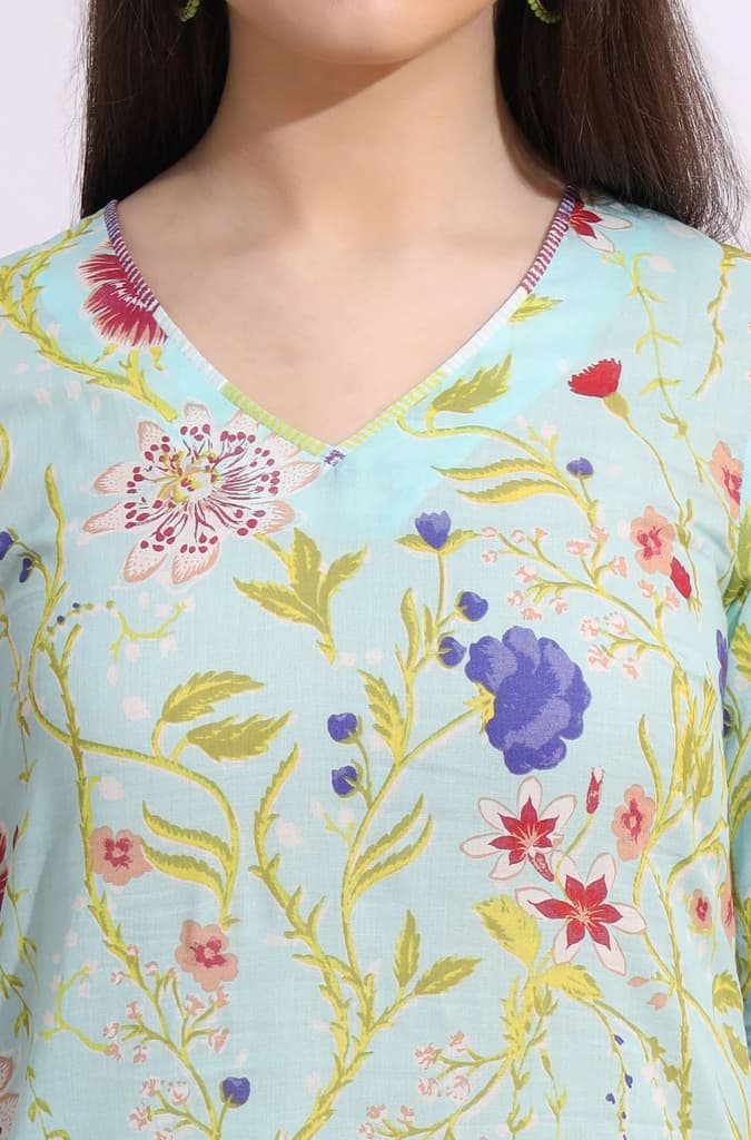 Light Blue Floral Printed Pure Cotton Straight Kurta — photo 4