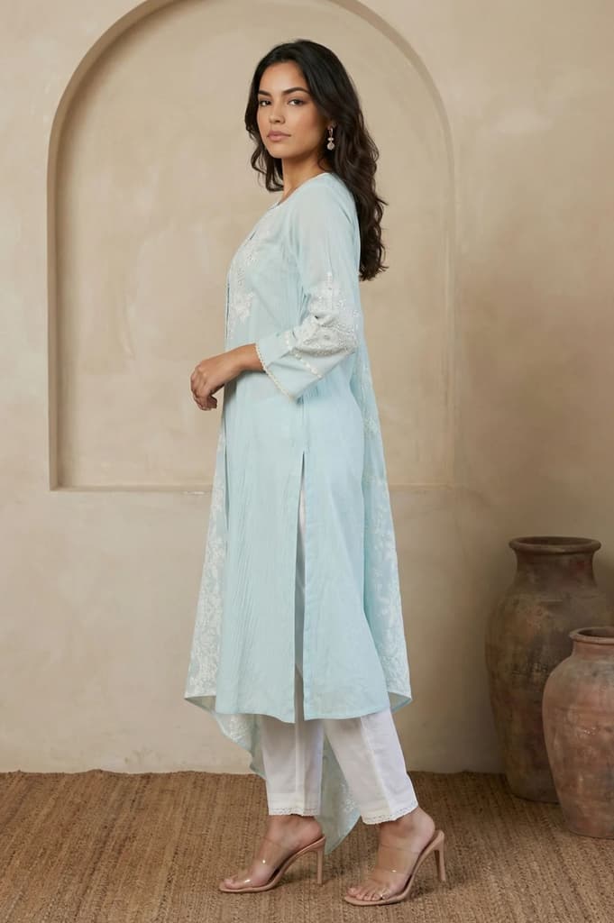 Blue Thread Embroidered Pure Cotton Straight Kurta with Straight Pants and Dupatta Set — photo 4