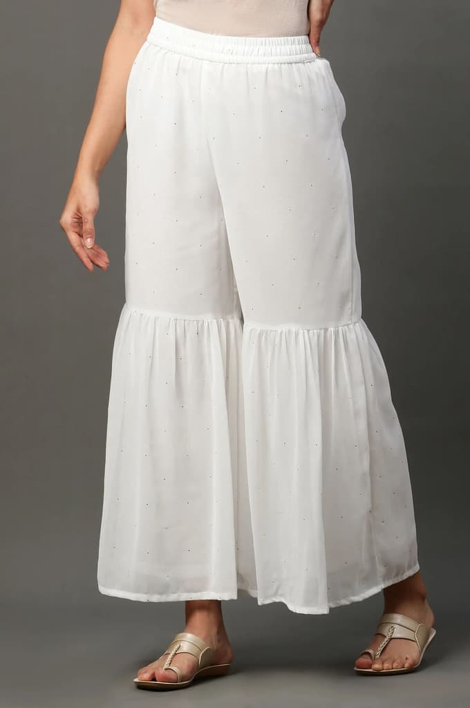 White Polka Dots Printed Flared Georgette Sharara With Elasticated Waist — photo 2