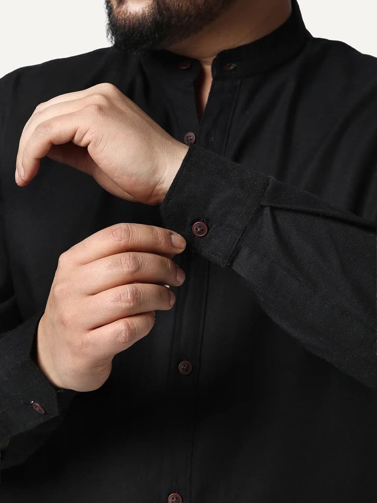 Plus Men's Black Linen Blend Full Sleeve Relaxed Fit Mandarin Collar Casual Solid Shirt — photo 6