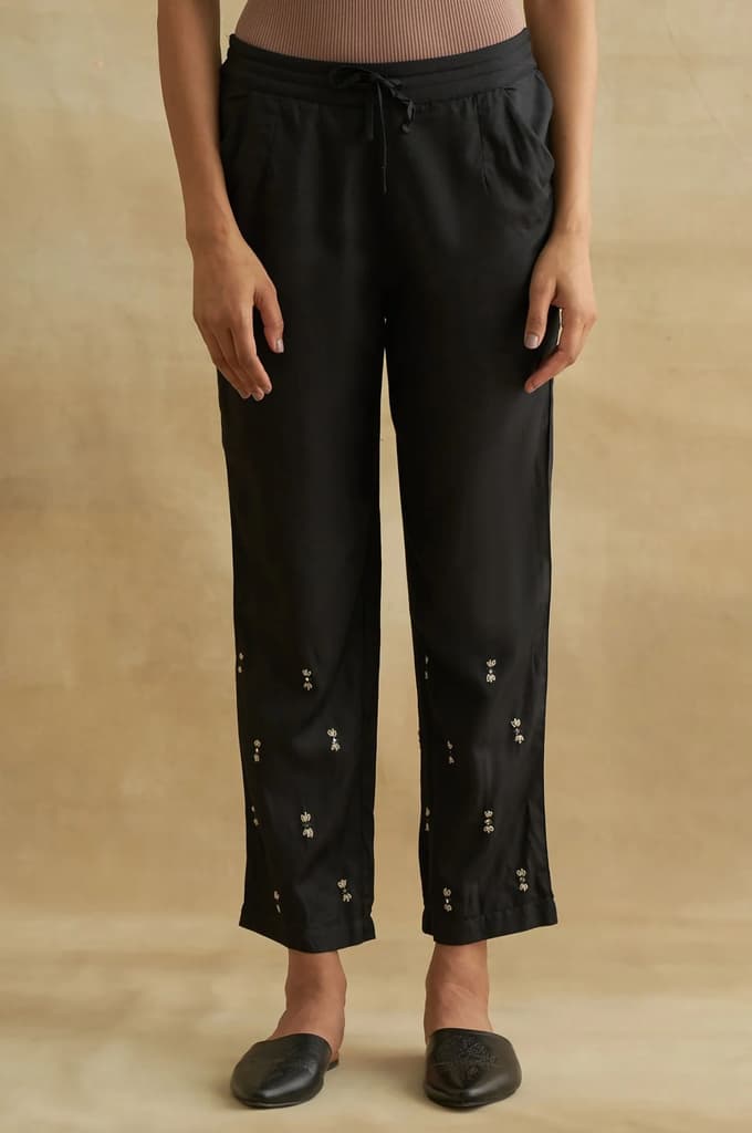 Black Thread Embroidered Silk Tussar Straight Pants — S
