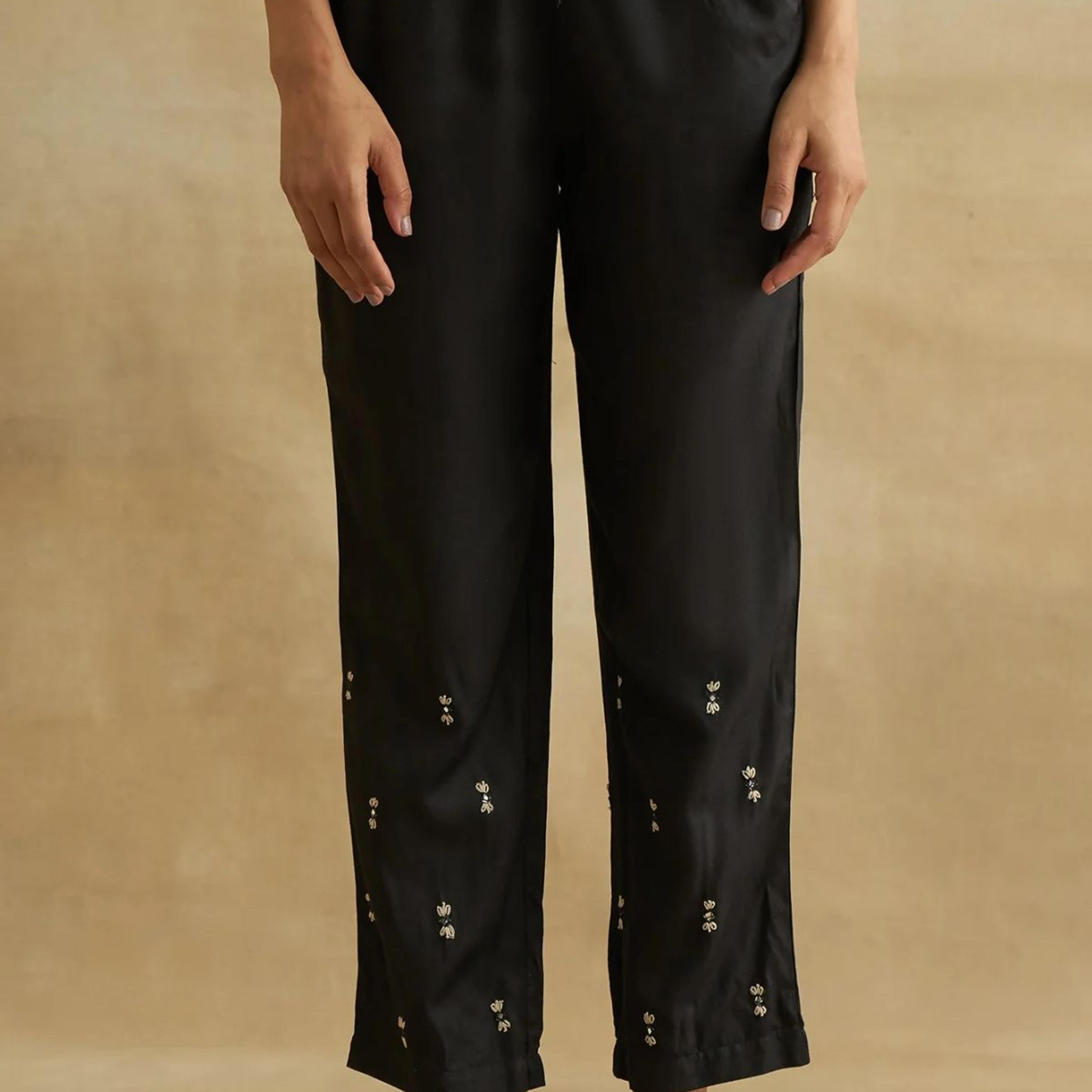Black Thread Embroidered Silk Tussar Straight Pants
