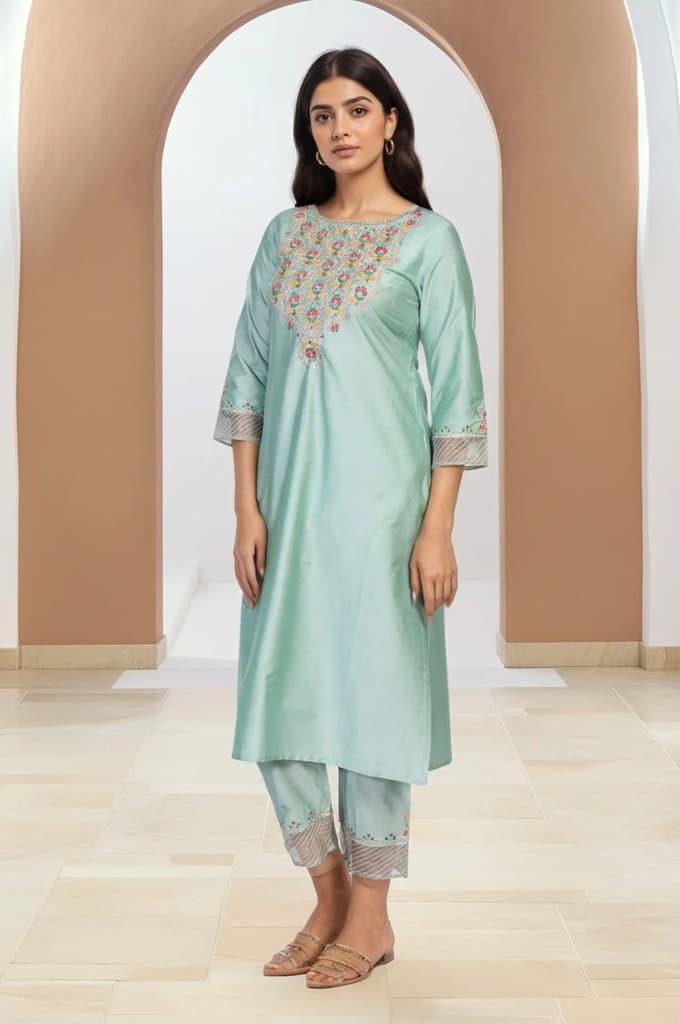 Green Embroidered Straight Jacquard Kurta with Straight Pant and Dupatta Set — photo 6