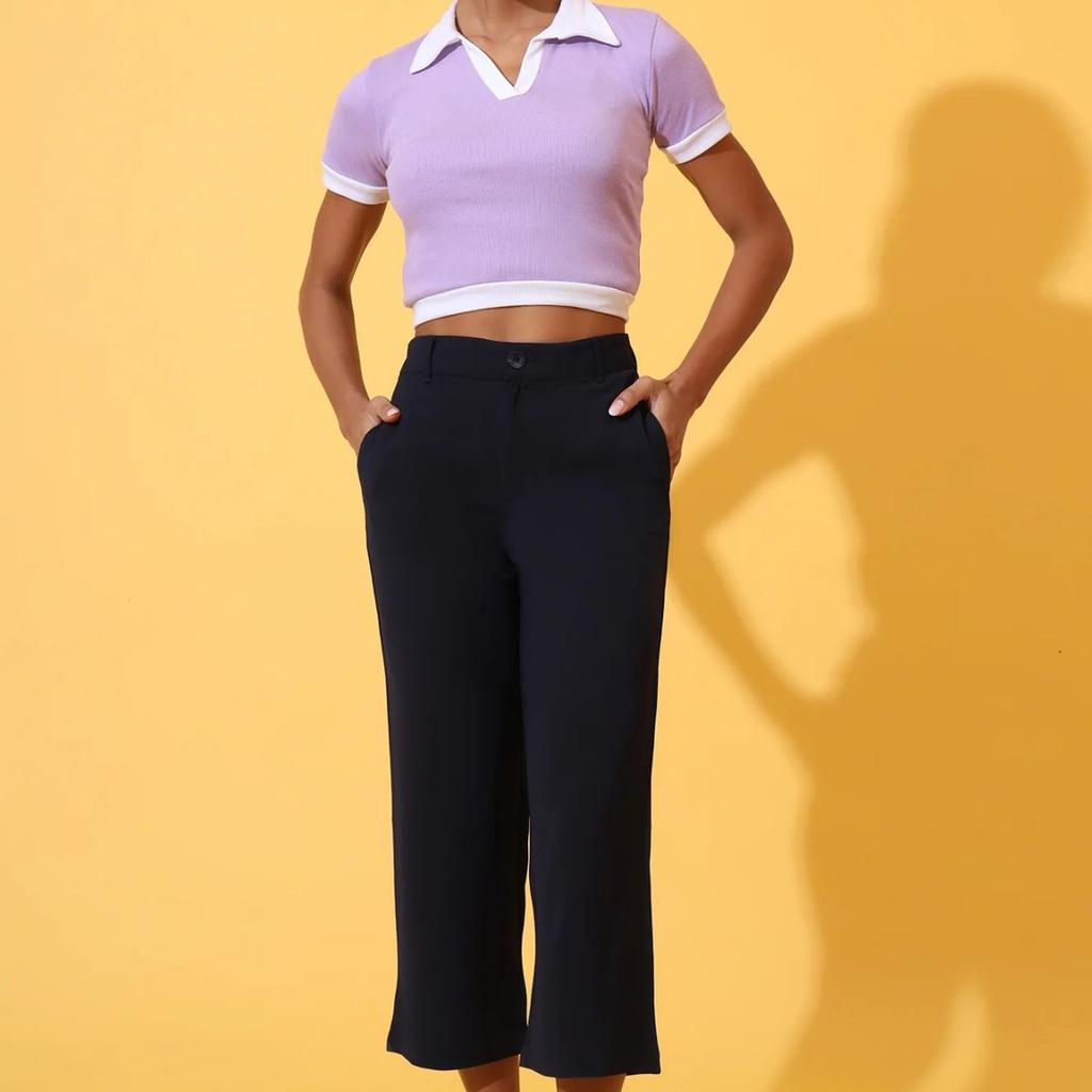 Navy Blue Solid Straight Western Culottes with YKK Zipper