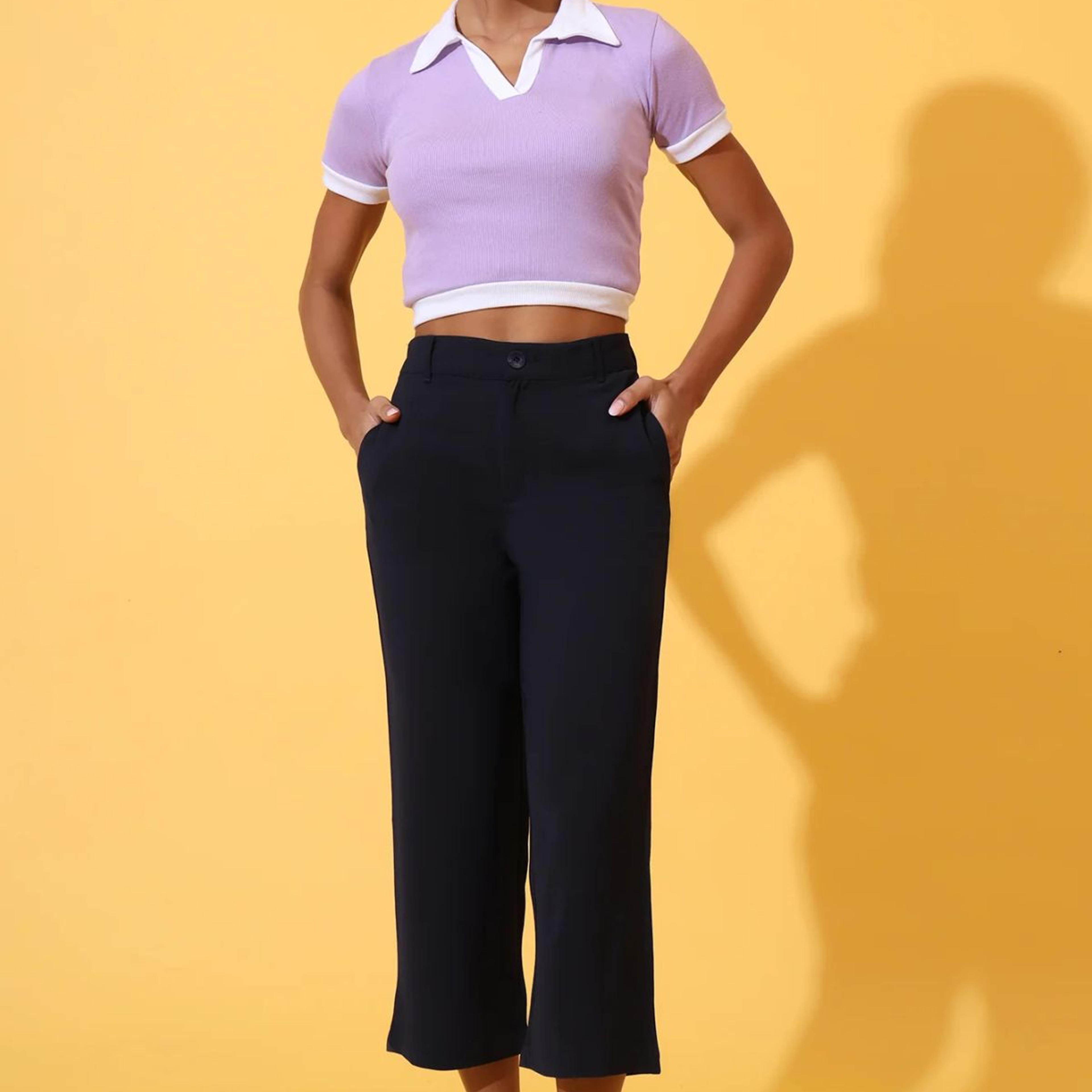 Navy Blue Solid Straight Western Culottes with YKK Zipper