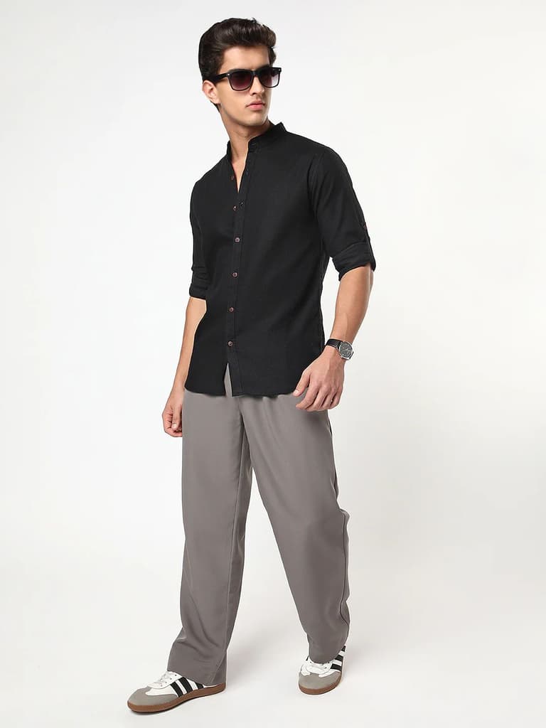 Men's Black Linen Blend Full Sleeve Relaxed Fit Mandarin Collar Casual Solid Shirt — photo 4