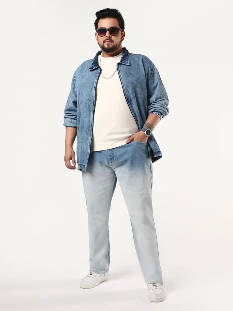 Plus Men's Ice Blue Straight Fit Heavy Washed Faded Denim Jeans Stretchable — photo 4