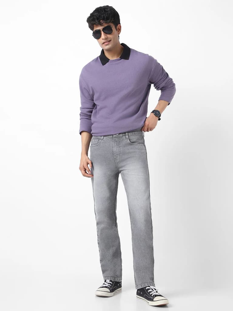 Men's Grey Straight Fit Washed Jeans Stretchable — photo 3