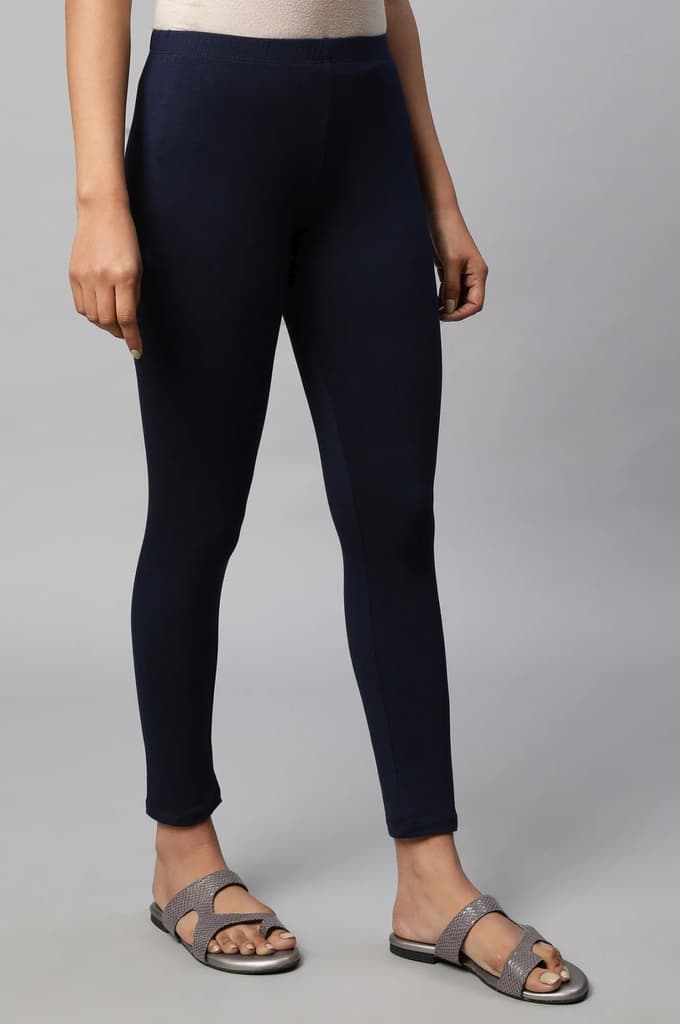 Navy Blue Solid Skinny Fit Cotton Tights With Slip On Closure — photo 4